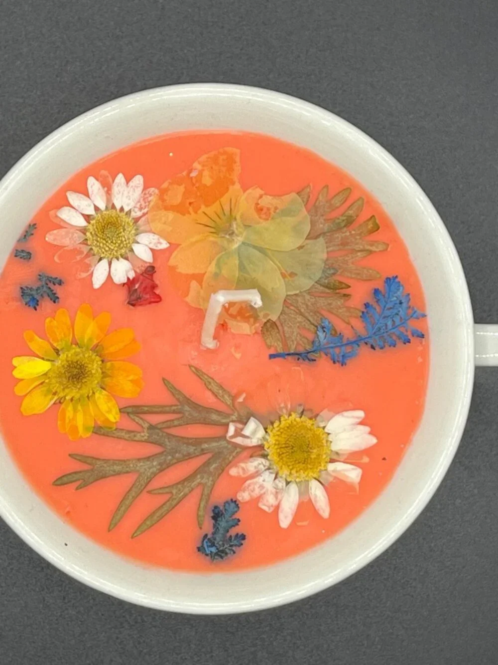 Coral Floral Soy Candle in Faceted Ceramic Teacup with Blue Botanical Border